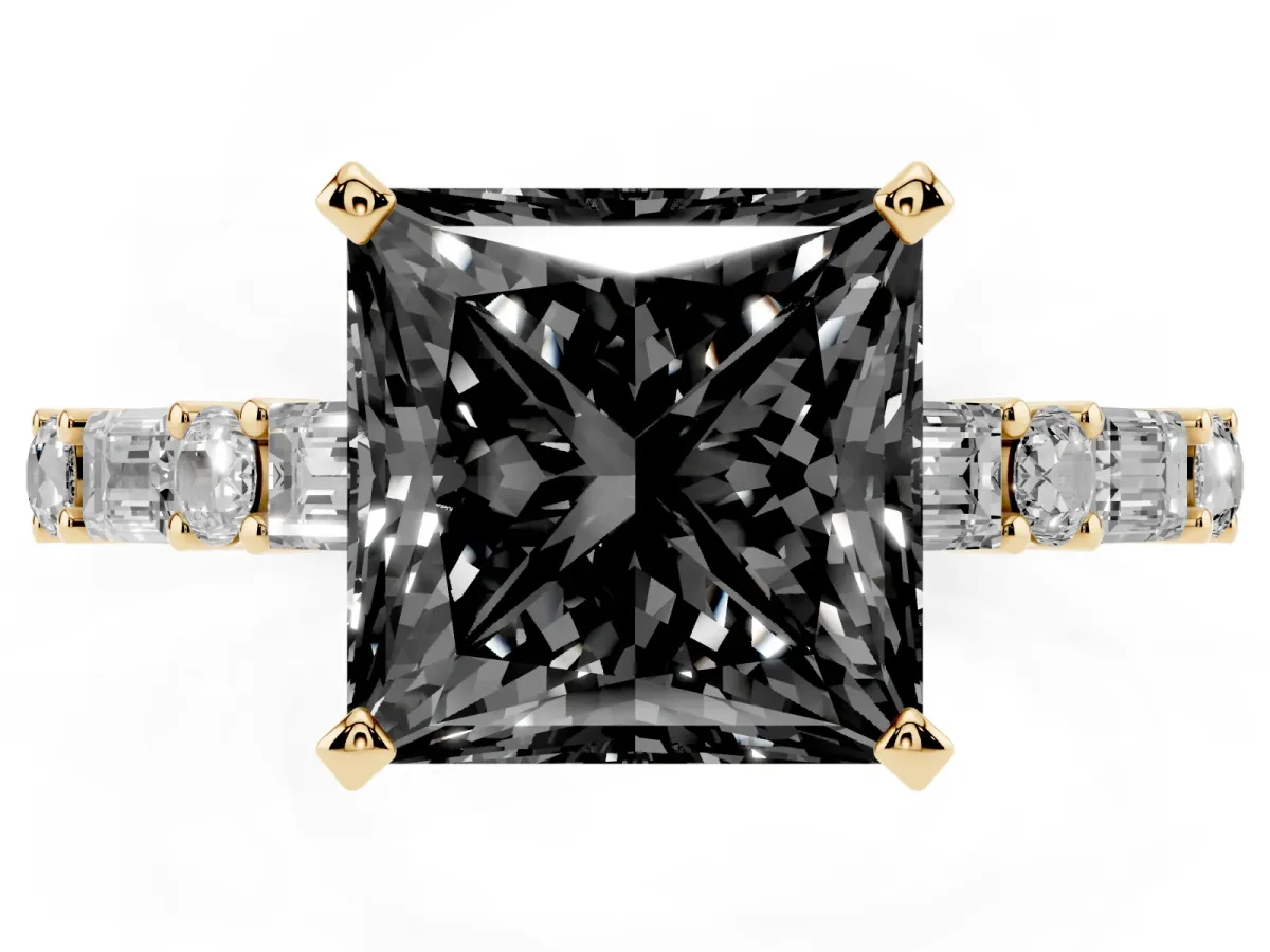Fancy Black Princess Cut Diamond Solitaire with Side Baguettes and Channel Set Band Yellow gold