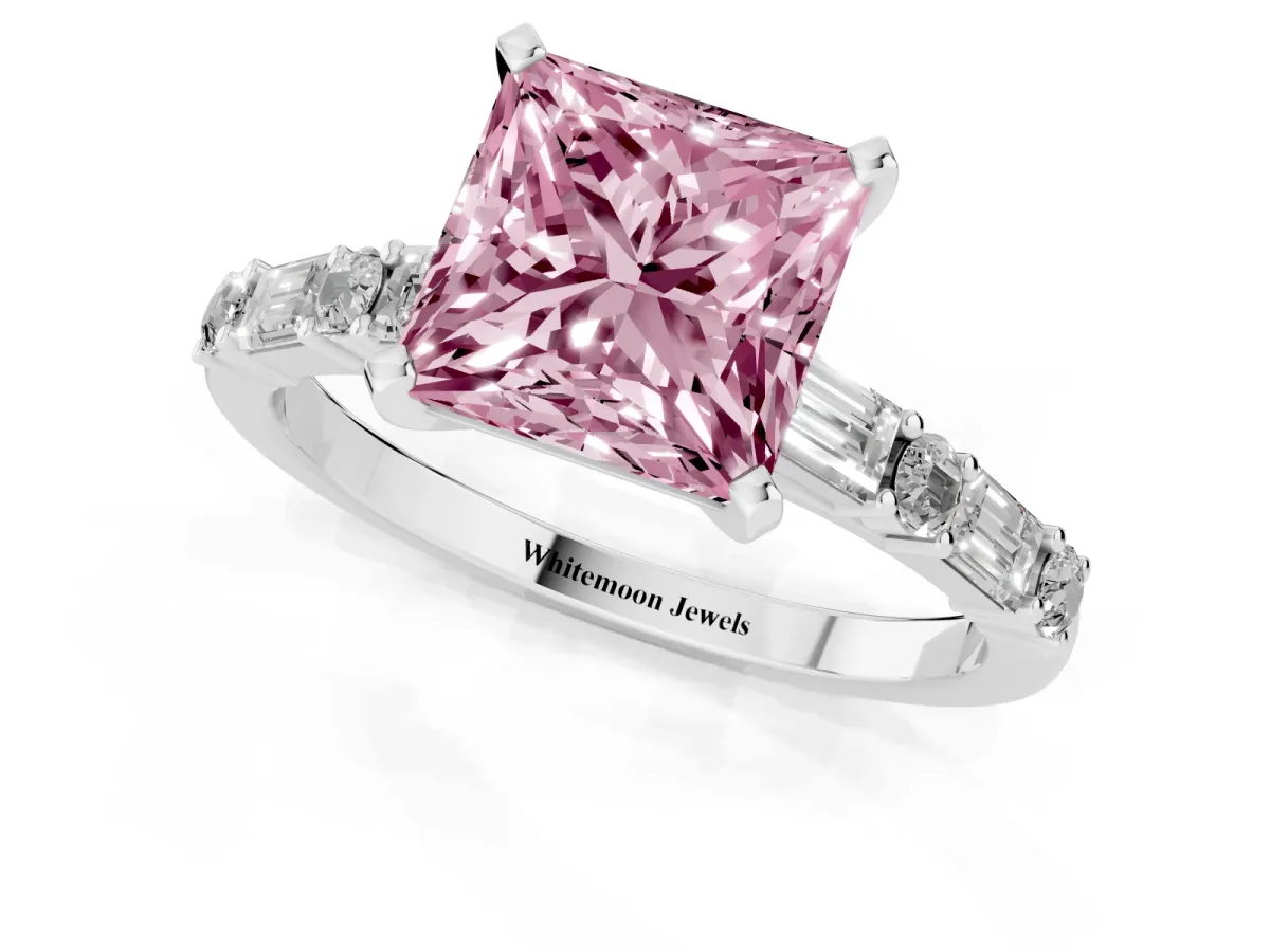 Fancy Pink Princess Cut Diamond Solitaire with Side Baguettes and Channel Set Band Silver