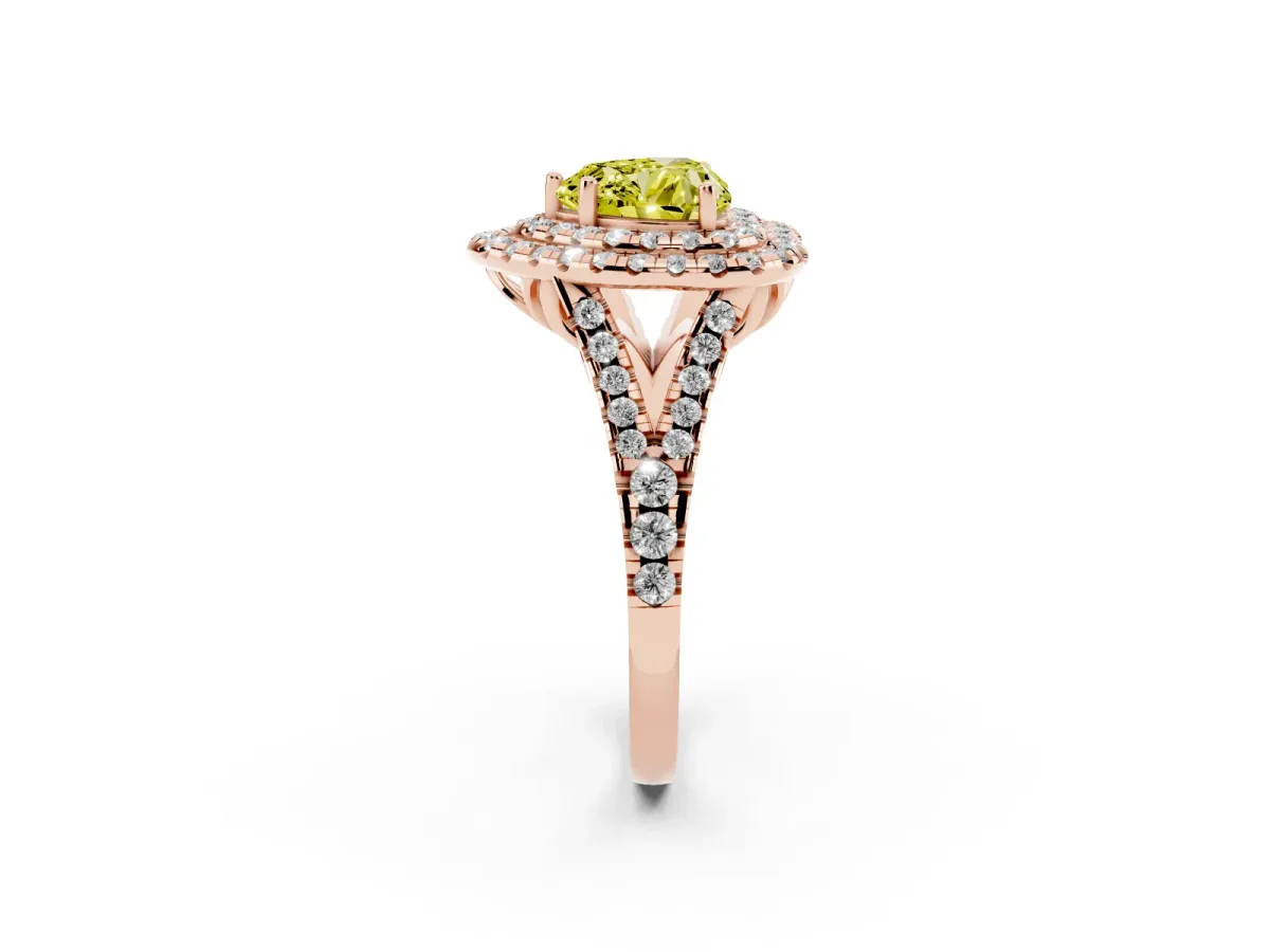 Fancy Yellow Double Halo Heart Cut Diamond Pavé Split Shank Ring with Prong Setting Rose gold