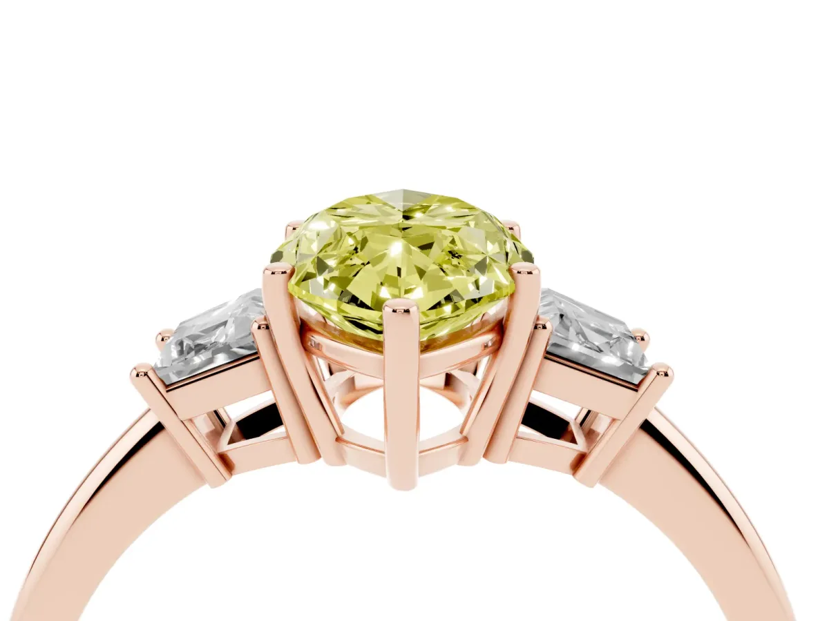 Fancy Yellow Marquise Cut Diamond Three-Stone Ring with Trapezoid Side Stones and Prong Setting Rose gold