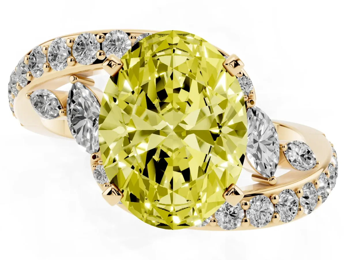 Fancy Yellow Oval Cut Solitaire with Pavé Twist Band and Four-Prong Setting Yellow gold