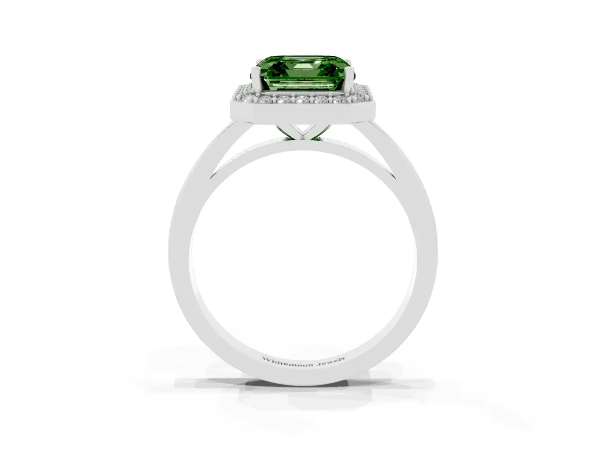 Fancy Green Asscher Cut Halo Diamond Ring with Solitaire Band and Prong Setting Platinum