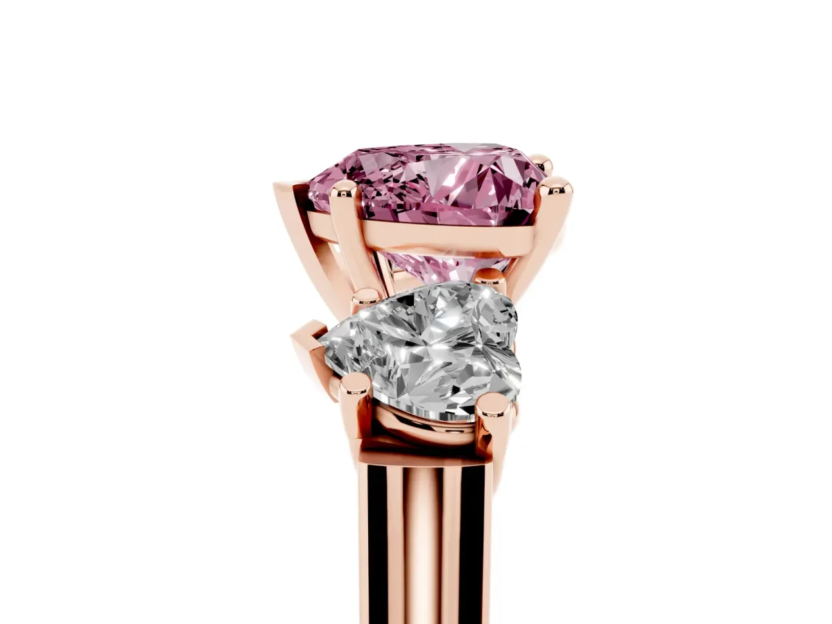 Fancy Pink Three-Stone Heart Cut Brilliant Diamond Trellis Ring with Comfort Fit Band Rose gold