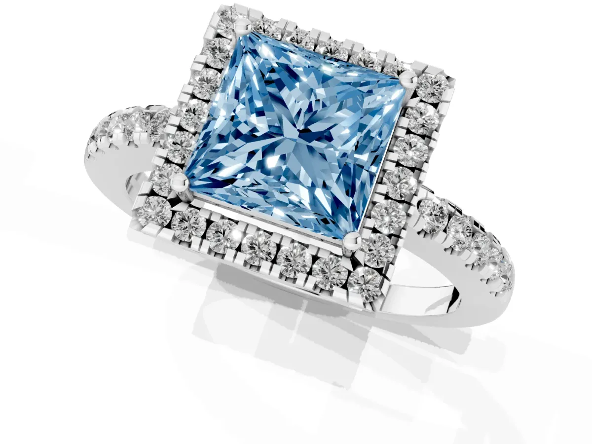 Fancy Blue Princess Cut Halo Diamond Engagement Ring with Pavé Band and Four-Prong Setting Platinum
