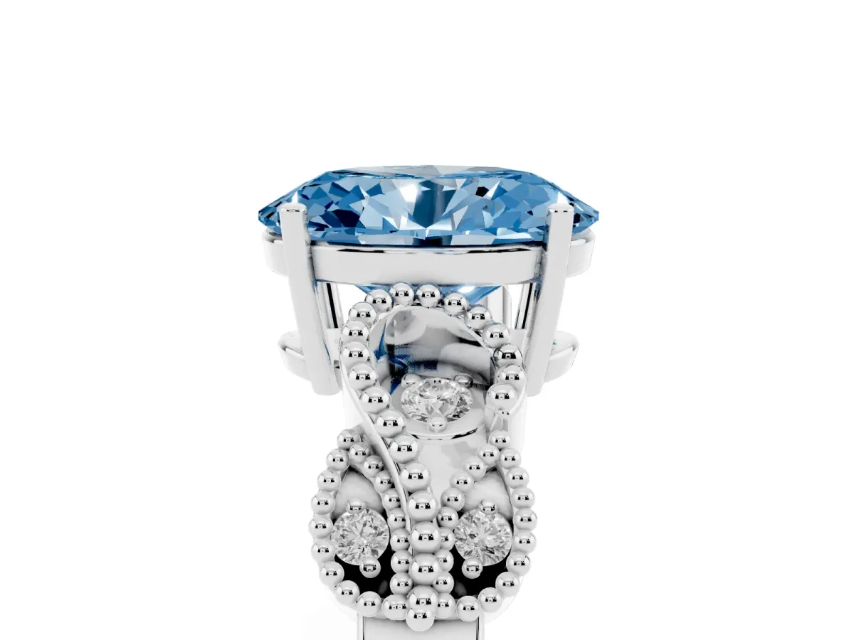 Fancy Blue Oval Cut Solitaire Milgrain Leaf Band with Prong Setting Silver