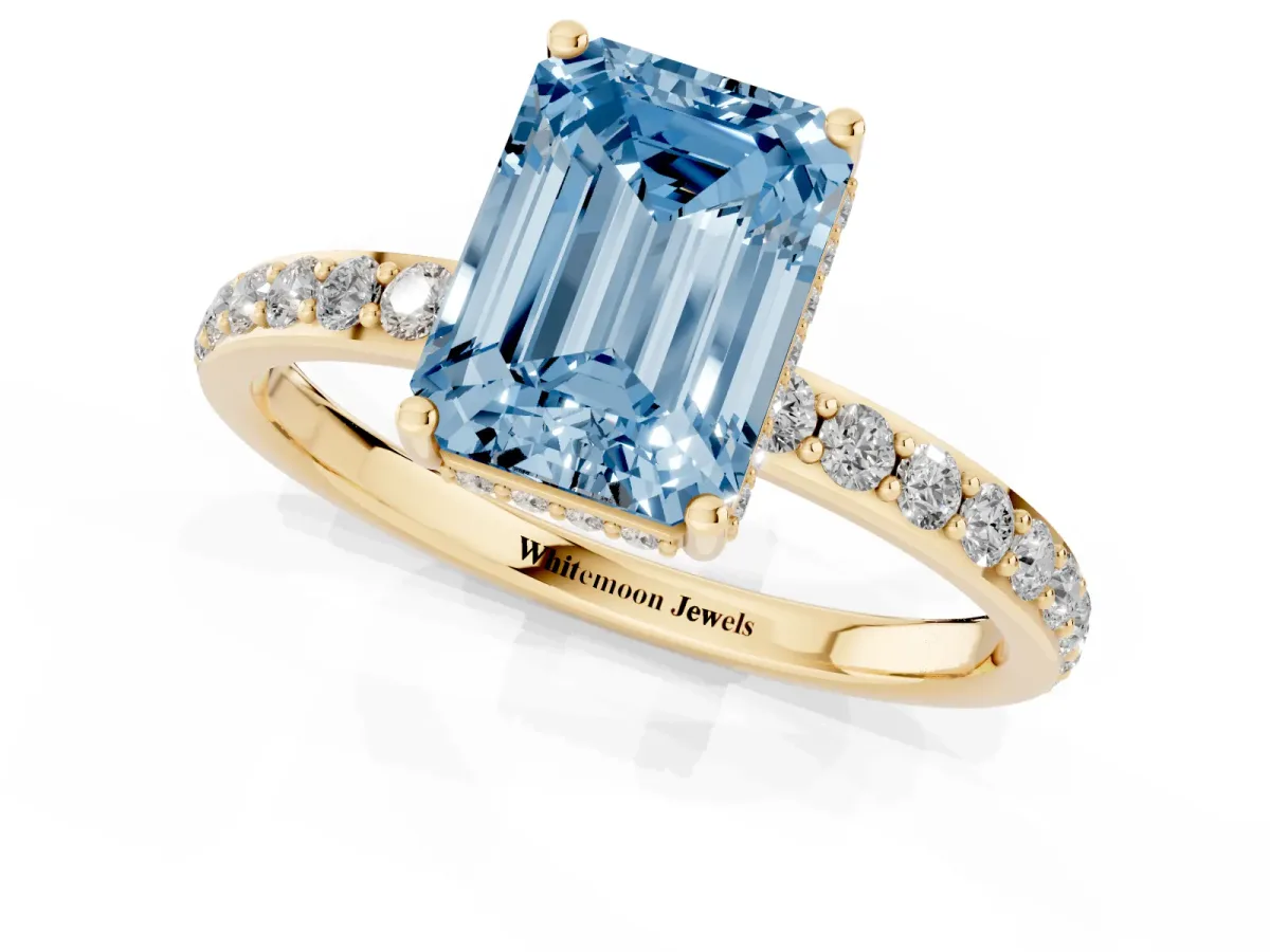 Fancy Blue Emerald Cut Diamond Solitaire Ring with Pavé Band and Hidden Halo Yellow gold