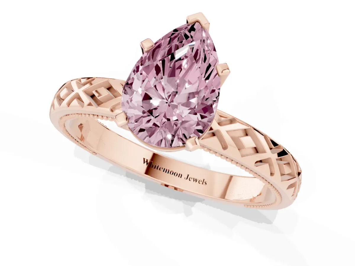 Fancy Pink Pear Cut Solitaire Diamond Ring with Milgrain and Black Enamel X Pattern Band Rose gold