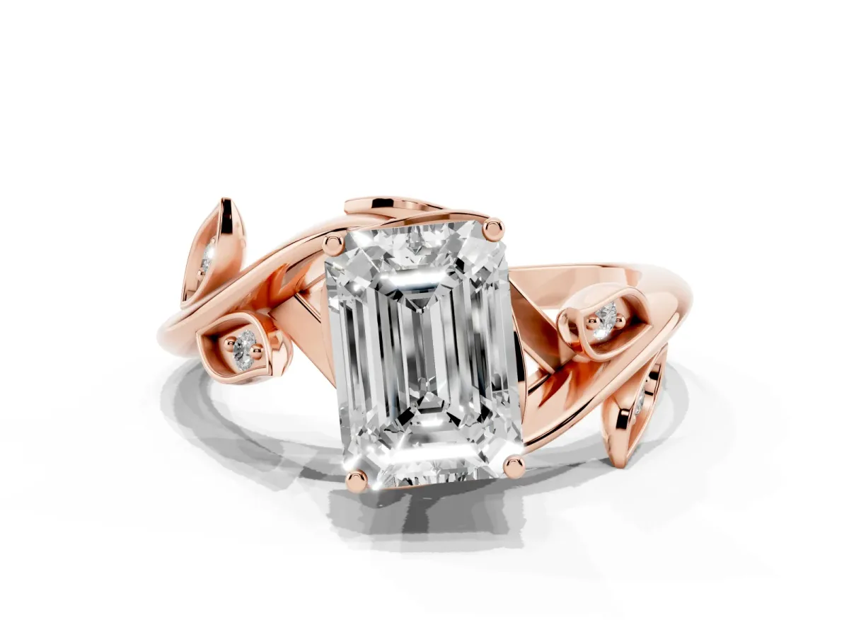 Emerald Cut Solitaire Twist Engagement Ring with Leaf Accents and Prong Setting Rose gold