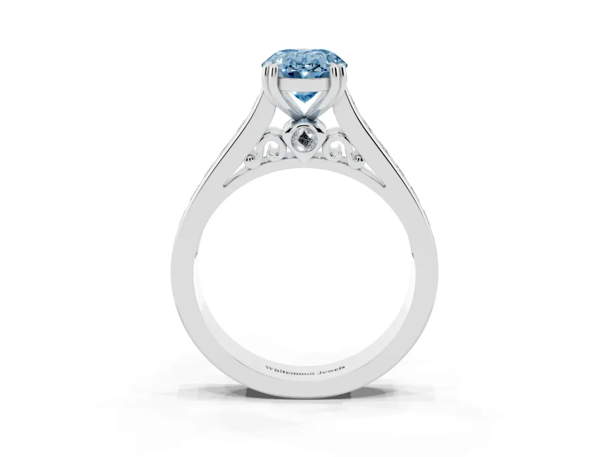 Fancy Blue Oval Cut Cut Channel Set Solitaire Engagement Ring with Prong Setting Silver