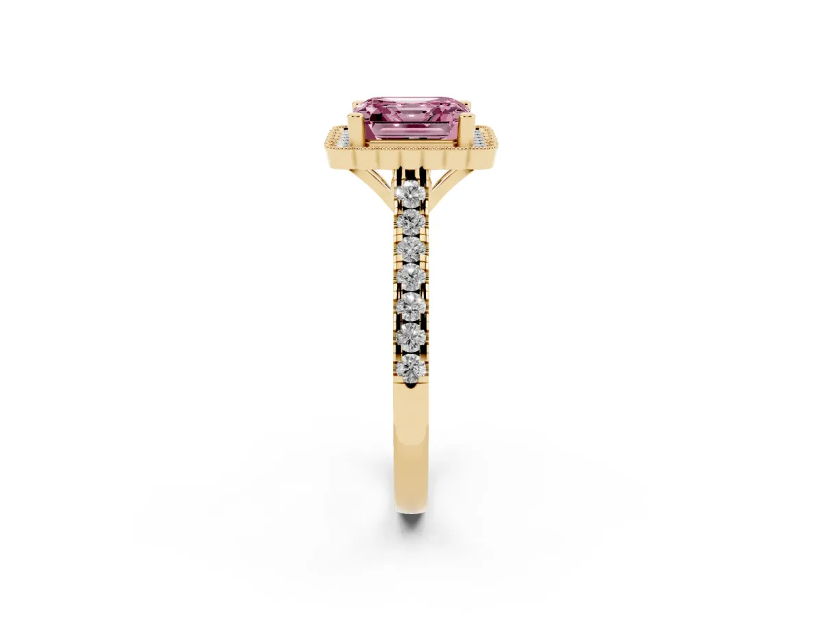 Fancy Pink Asscher Cut Cut Diamond Milgrain Floral Halo Engagement Ring with Pavé Band Yellow gold