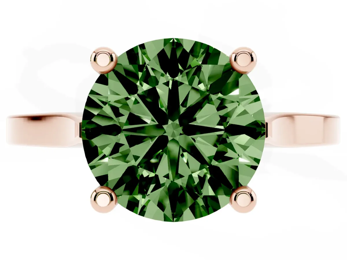 Fancy Green Round Cut Solitaire Diamond Ring with Four-Prong Setting and Tapered Band Rose gold