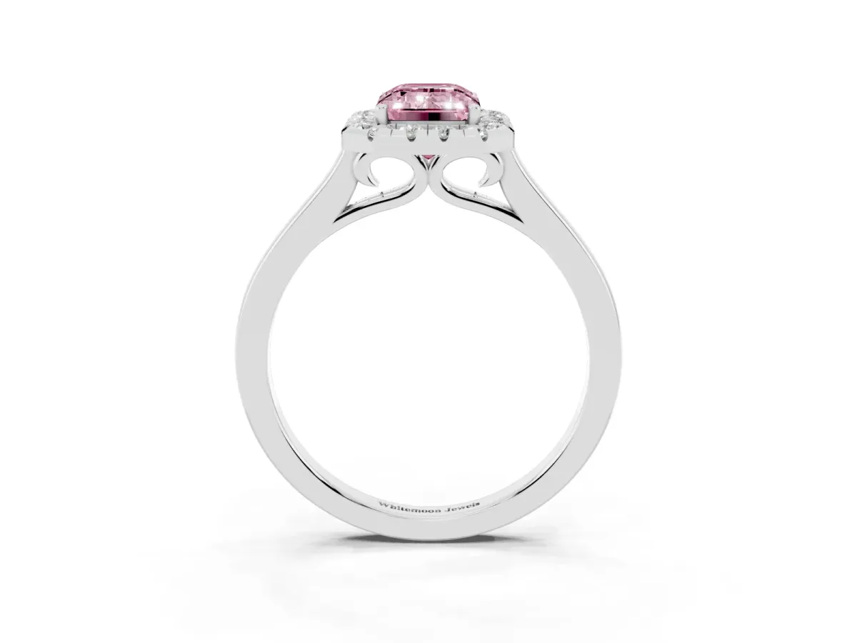 Fancy Pink Emerald Cut Halo Round Diamond Solitaire Ring with Pavé Band and Four-Prong Setting White gold
