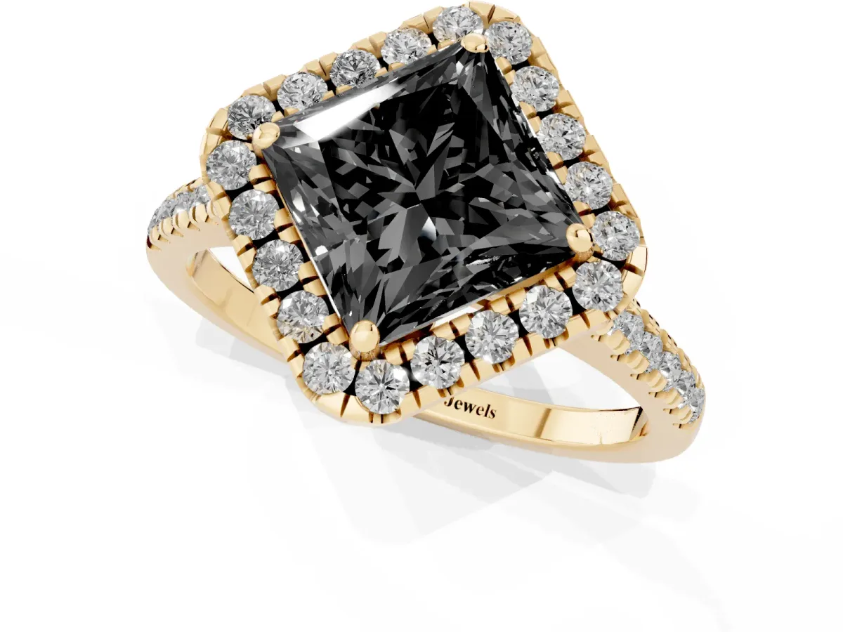 Fancy Black Princess Cut Diamond Cushion Halo Ring with Pavé Band Yellow gold