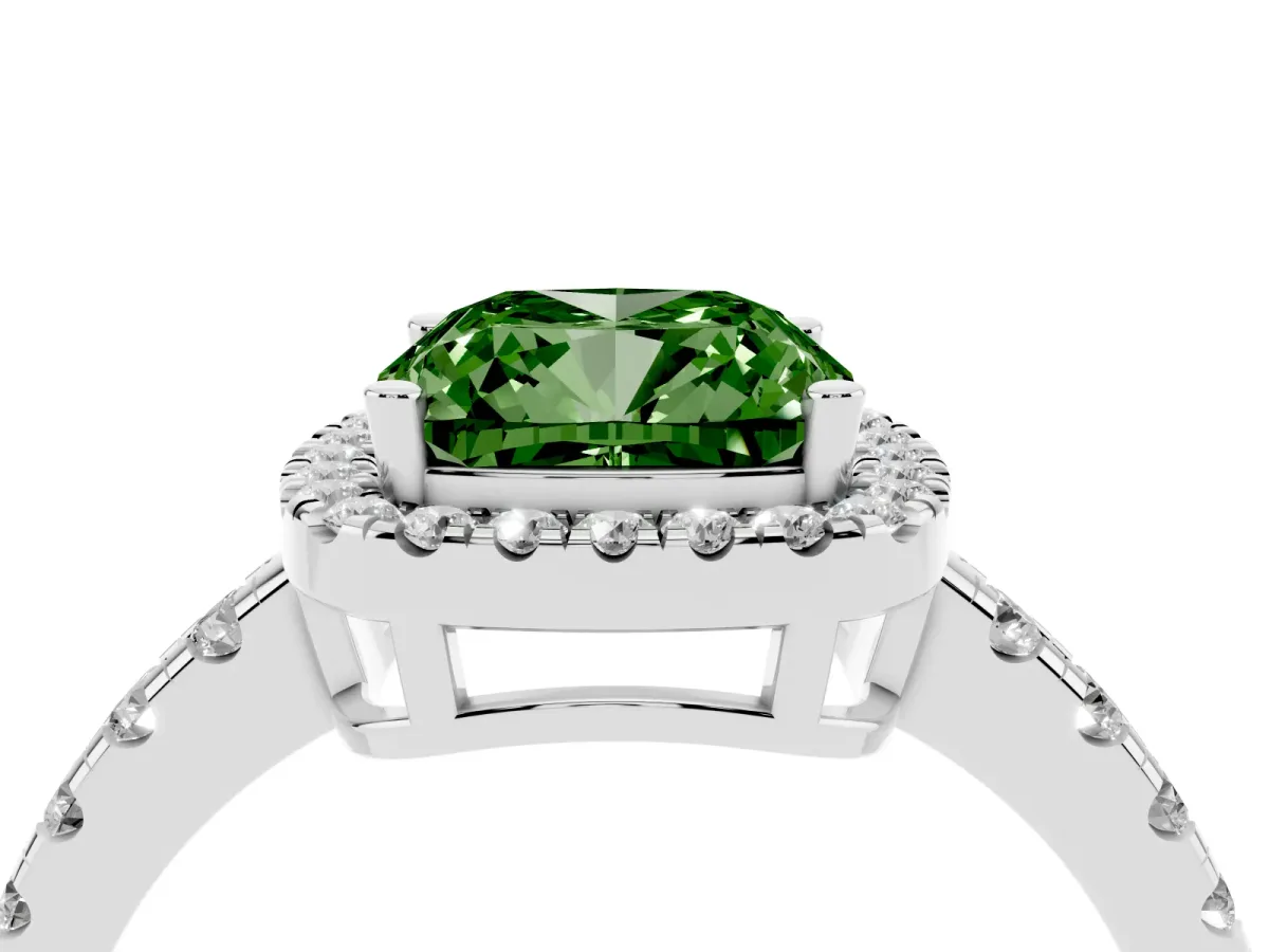 Fancy Green Cushion Cut Diamond Halo Ring with Pavé Band and Four-Prong Setting Platinum