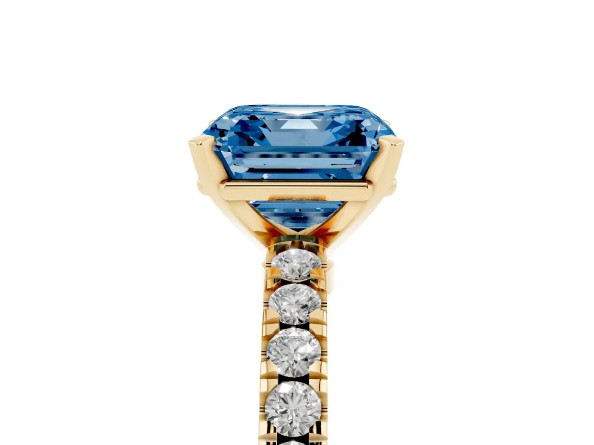 Fancy Blue Asscher Cut Solitaire Diamond with Pavé Band and Four-Prong Setting Yellow gold