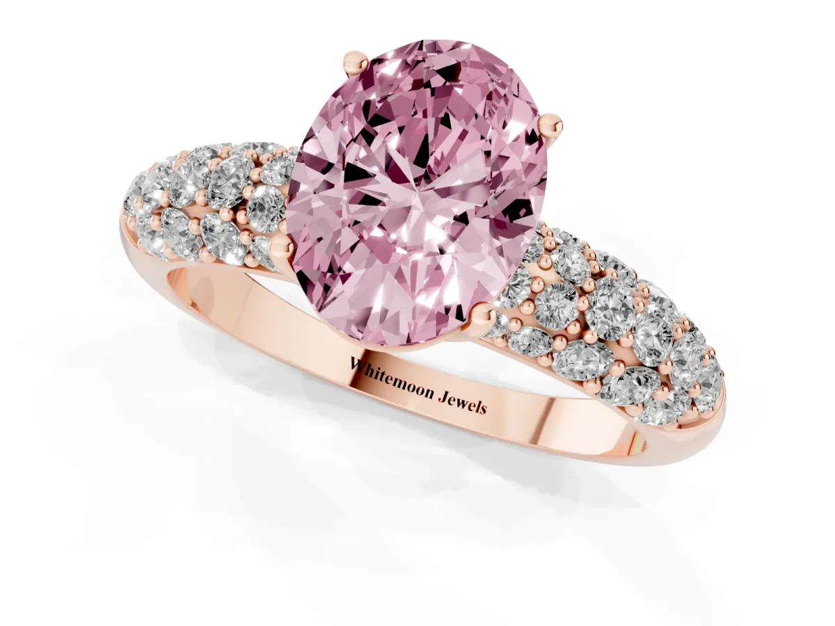 Fancy Pink Oval Cut Diamond Pavé Band Solitaire Ring with Four-Prong Setting Rose gold
