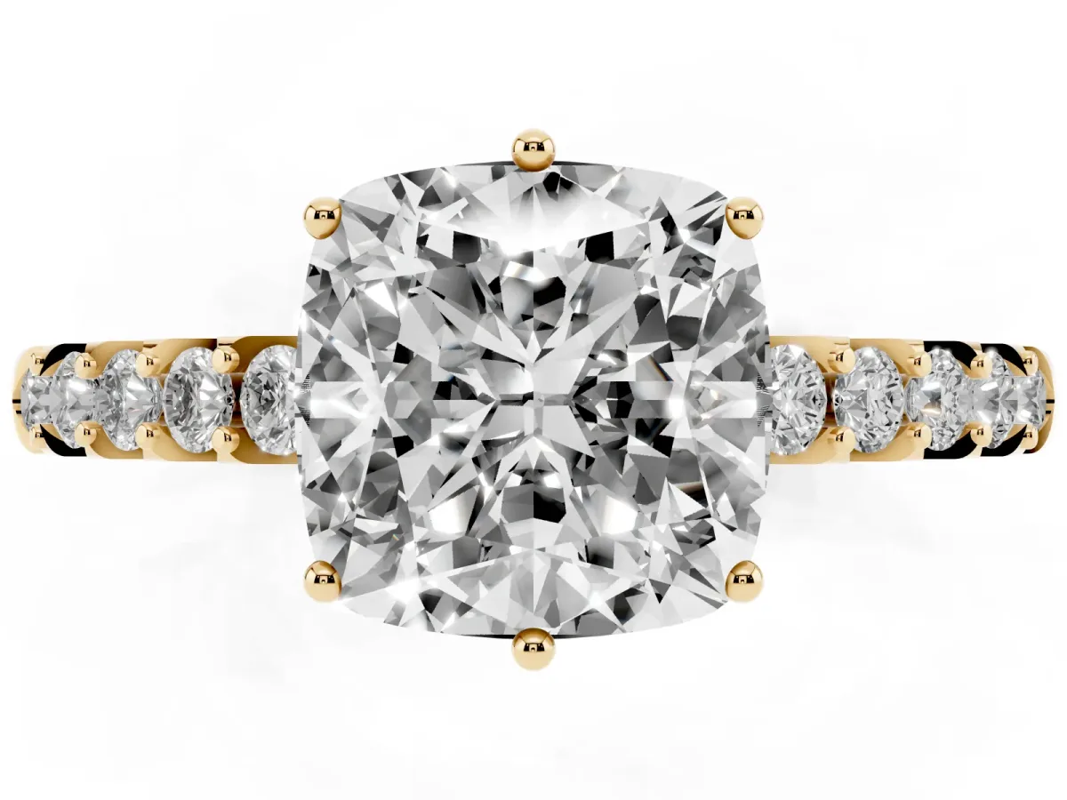 Cushion Cut Solitaire Diamond Engagement Ring with Pavé Band and Six-Prong Setting Yellow gold