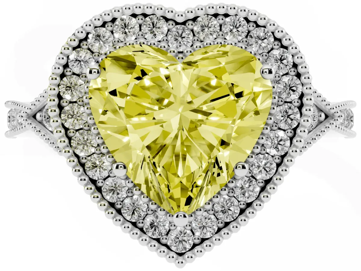 Fancy Yellow Heart Cut Halo Round Diamond Milgrain Pave Engagement Ring Platinum