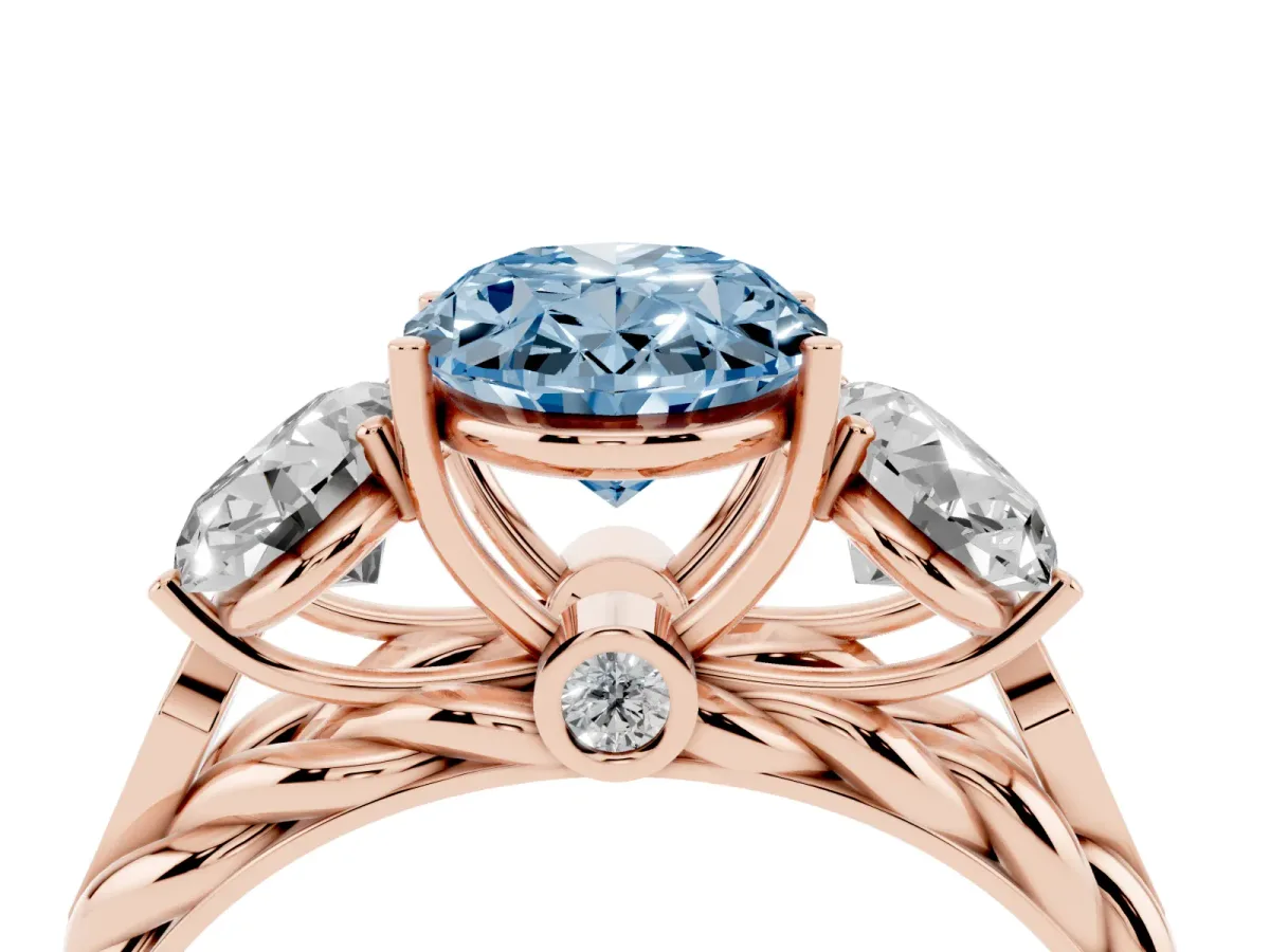 Fancy Blue Three-Stone Oval Cut Diamond Braided Band Ring with Four-Prong Setting Rose gold