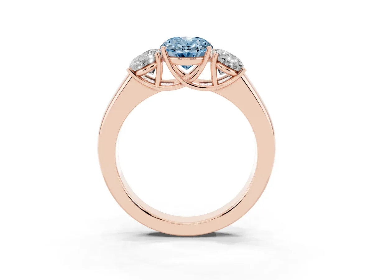 Fancy Blue Three-Stone Oval Cut Cut Diamond Ring with Prong Setting and Classic Band Rose gold