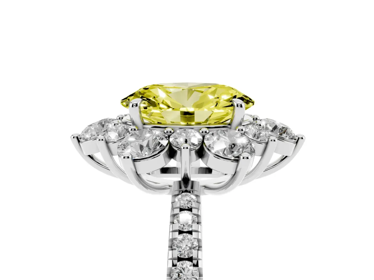 Fancy Yellow Oval Cut Diamond Floral Halo Ring with Round Pavé Band and Prong Setting Silver