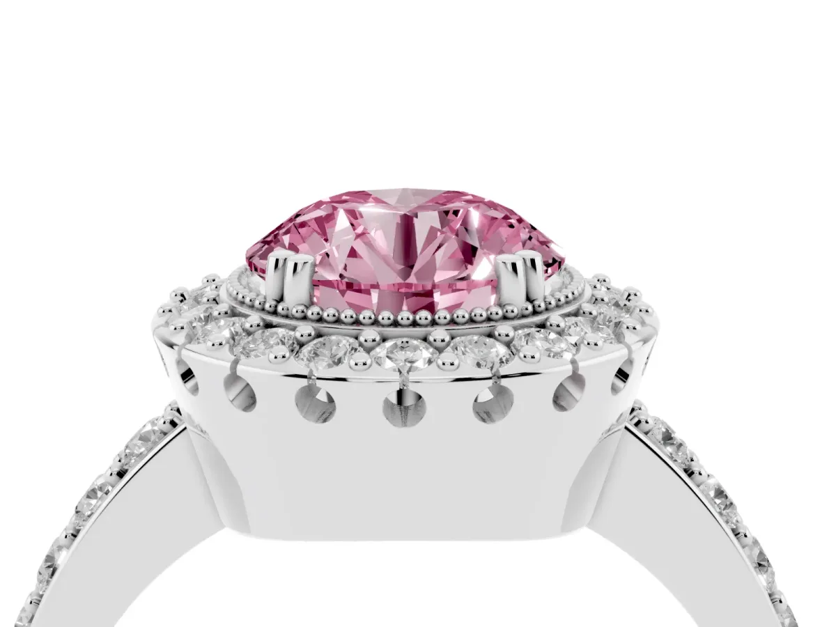 Fancy Pink Round Cut Diamond Halo Ring with Pavé Band and Prong Setting Silver