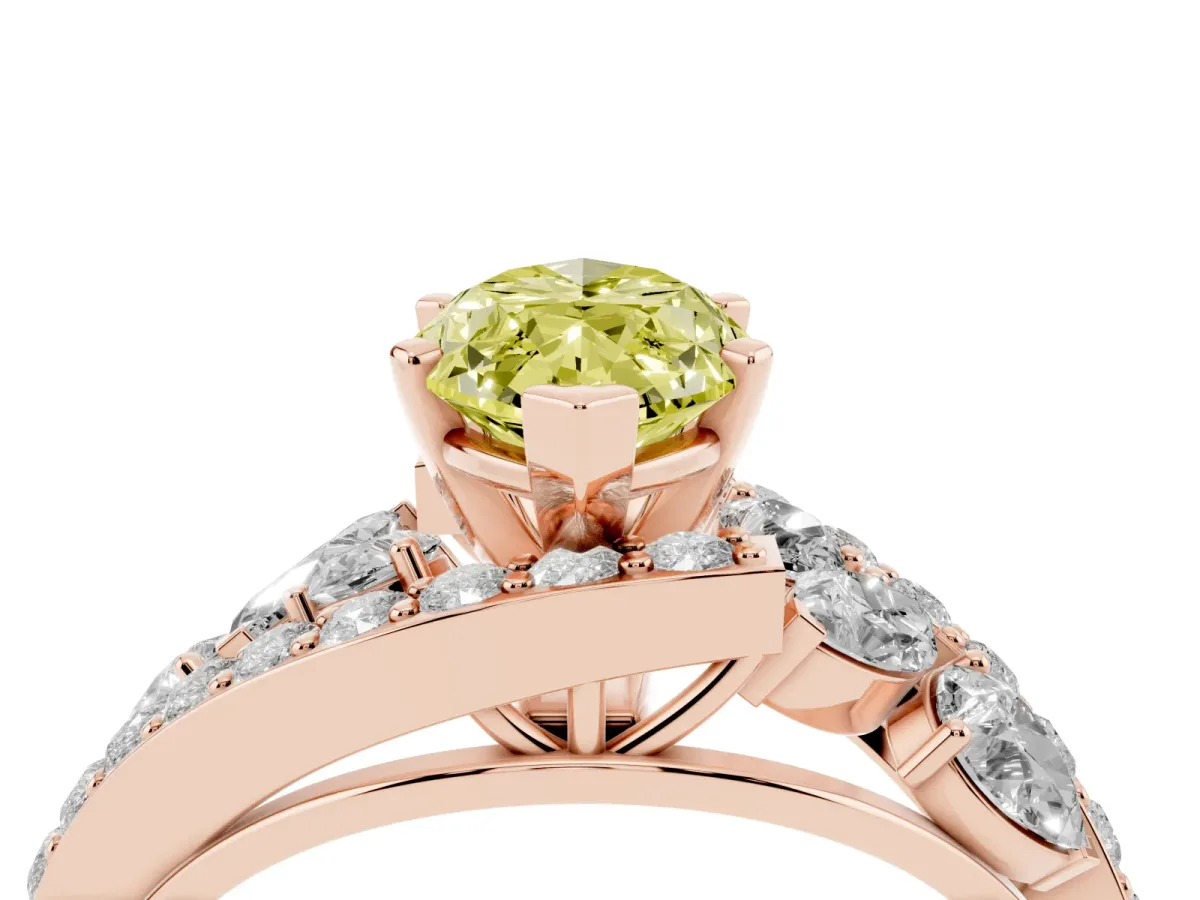 Fancy Yellow Marquise Cut Diamond Halo Ring with Marquise and Pavé Band in Prong Setting Rose gold