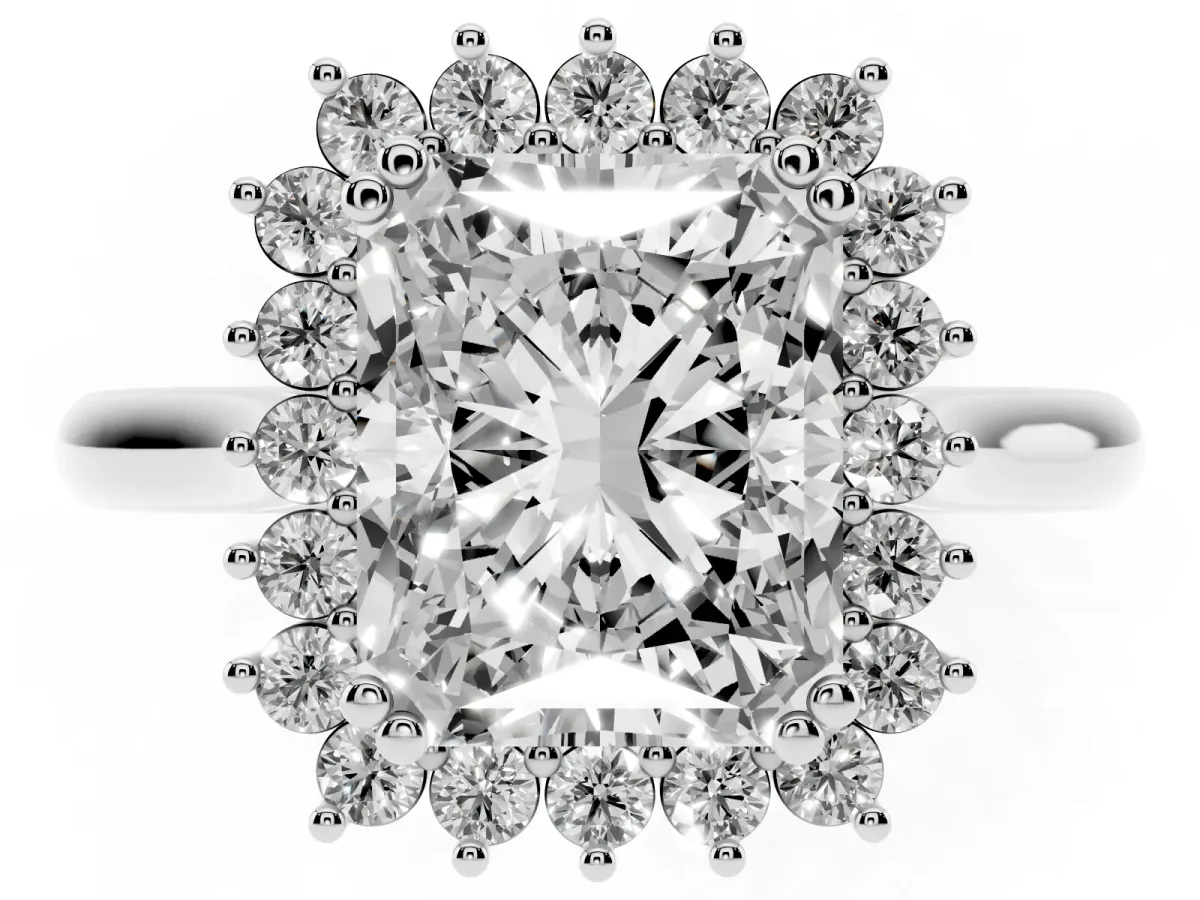Radiant Cut Cut Diamond Halo Ring with Solitaire Band and Prong Setting White gold