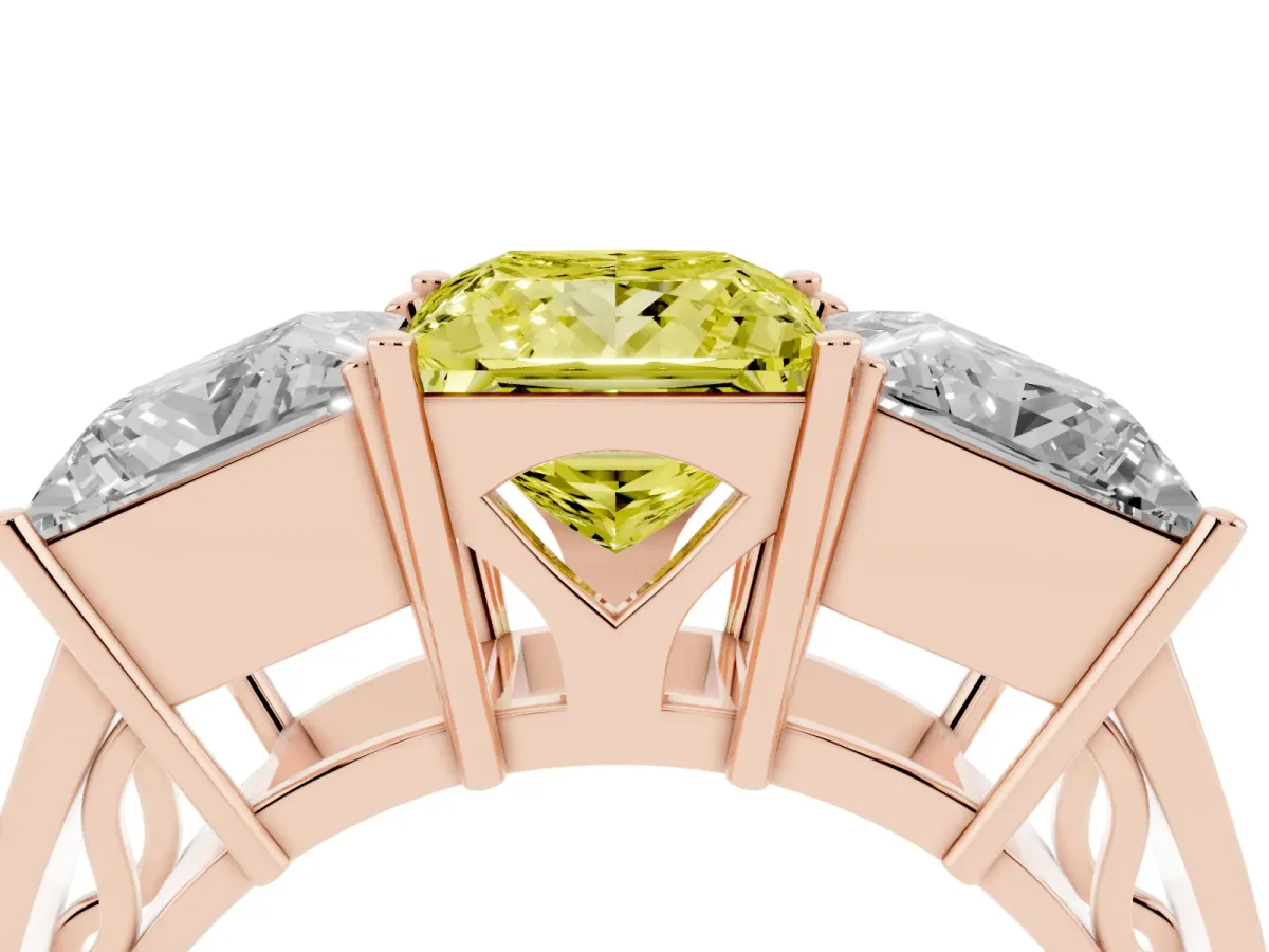 Fancy Yellow Princess Cut Diamond Three-Stone Ring with Prong Setting and Textured Band Rose gold