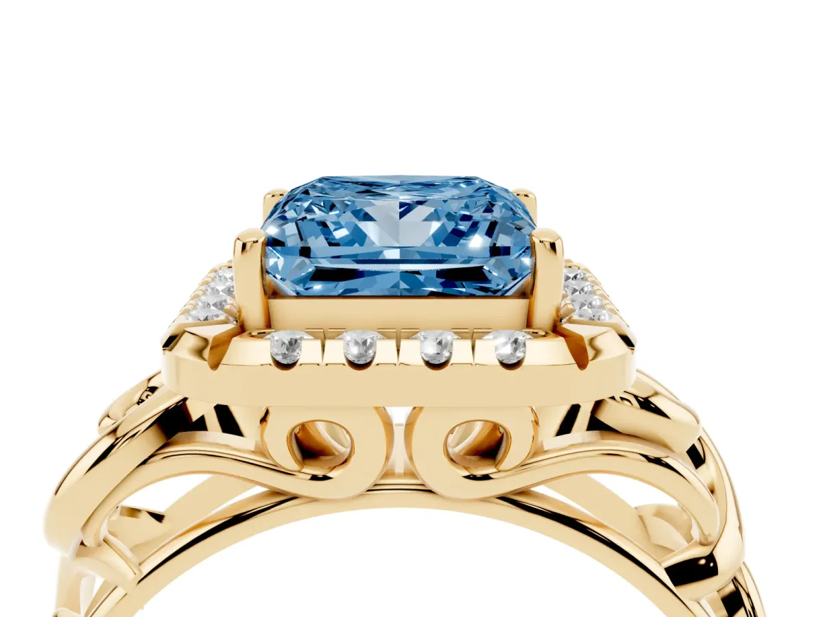 Fancy Blue Princess Cut Cut Halo Diamond Ring with Scrollwork Band and Four-Prong Setting Yellow gold