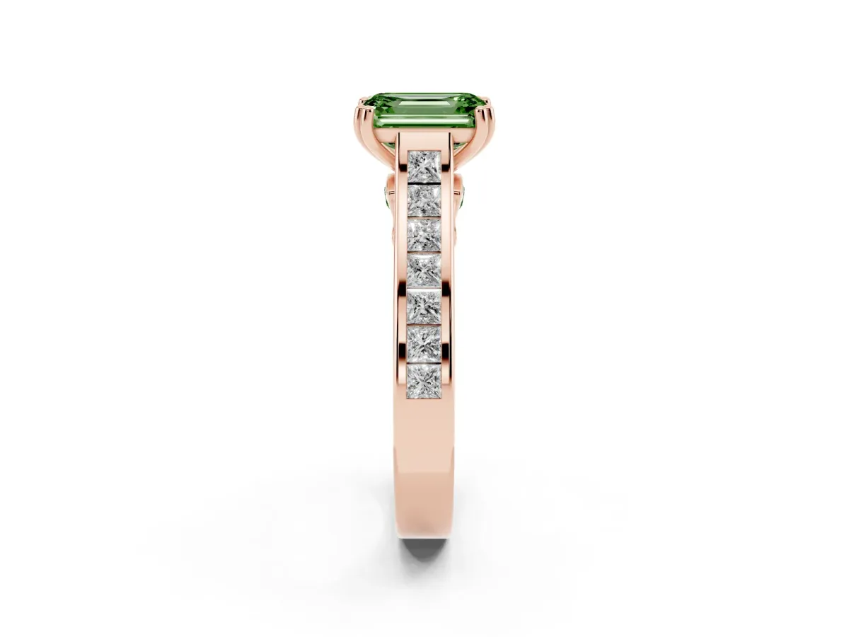Fancy Green Emerald Cut Cut Channel Set Solitaire Engagement Ring with Prong Setting Rose gold