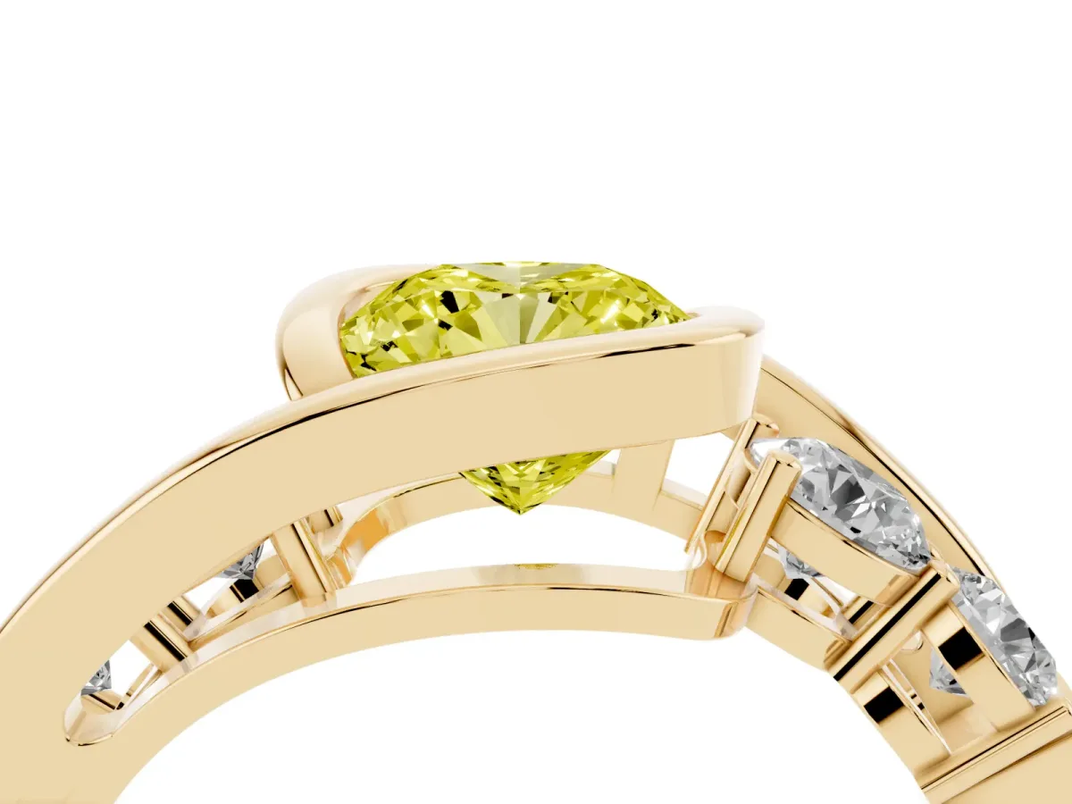Fancy Yellow Bezel Set Cushion Cut Diamond Bypass Ring with Round Accents Yellow gold