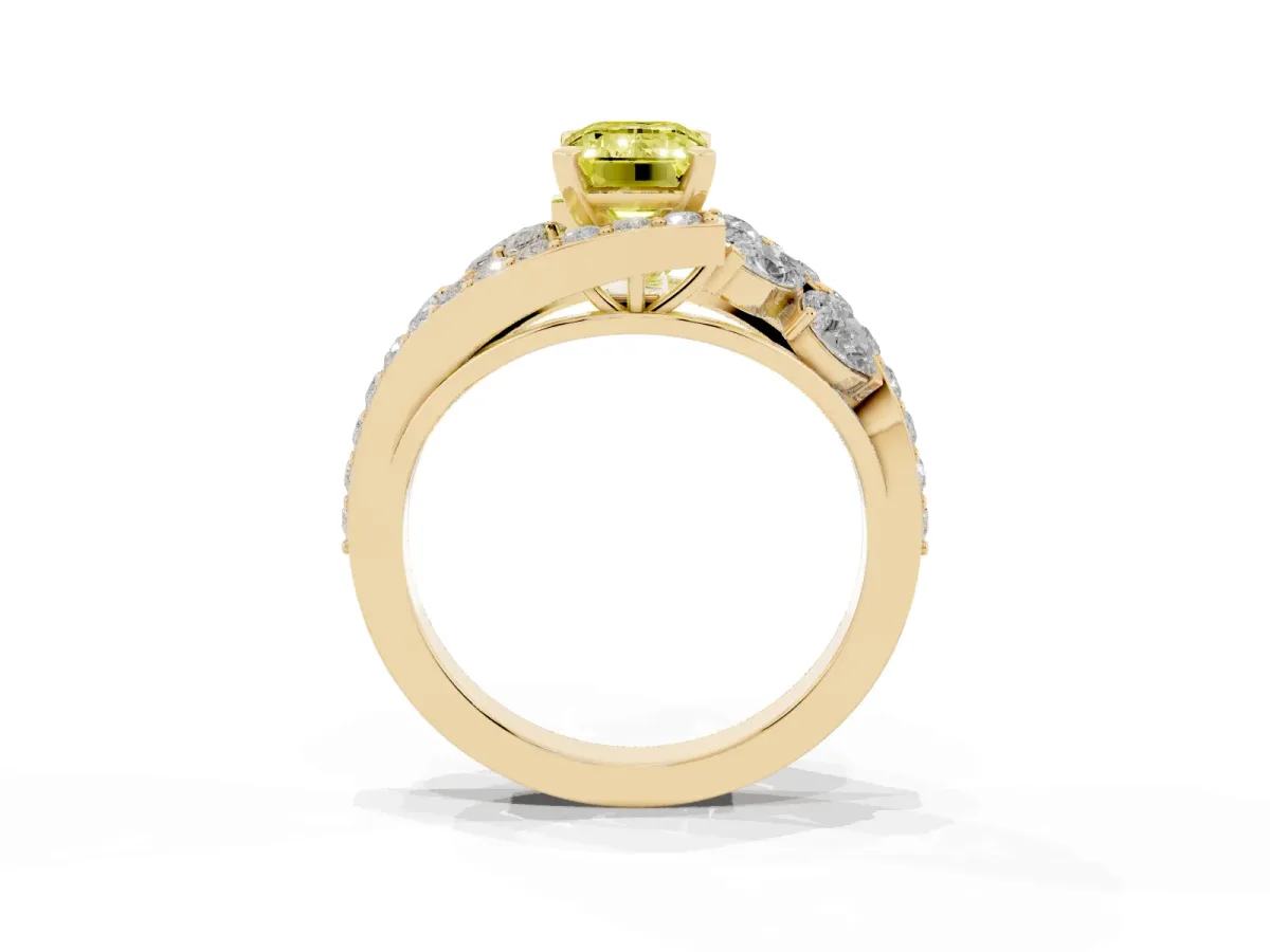Fancy Yellow Emerald Cut Diamond Halo Ring with Marquise and Pavé Band in Prong Setting Yellow gold