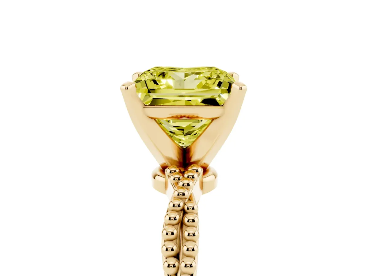 Fancy Yellow Princess Cut Solitaire Twisted Band with Bead Prong Setting Yellow gold