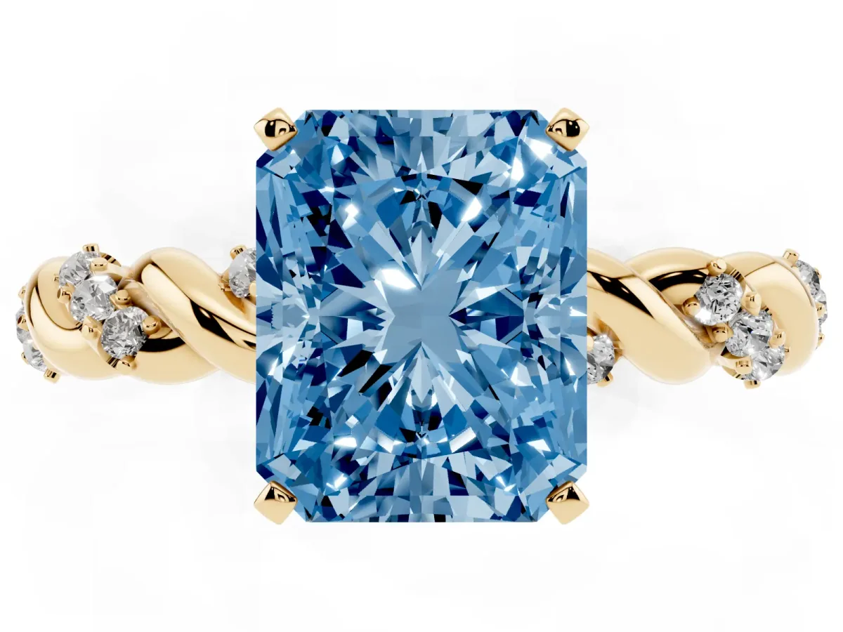 Fancy Blue Radiant Cut Diamond Solitaire Ring with Twisted Band and Pavé Accents Yellow gold