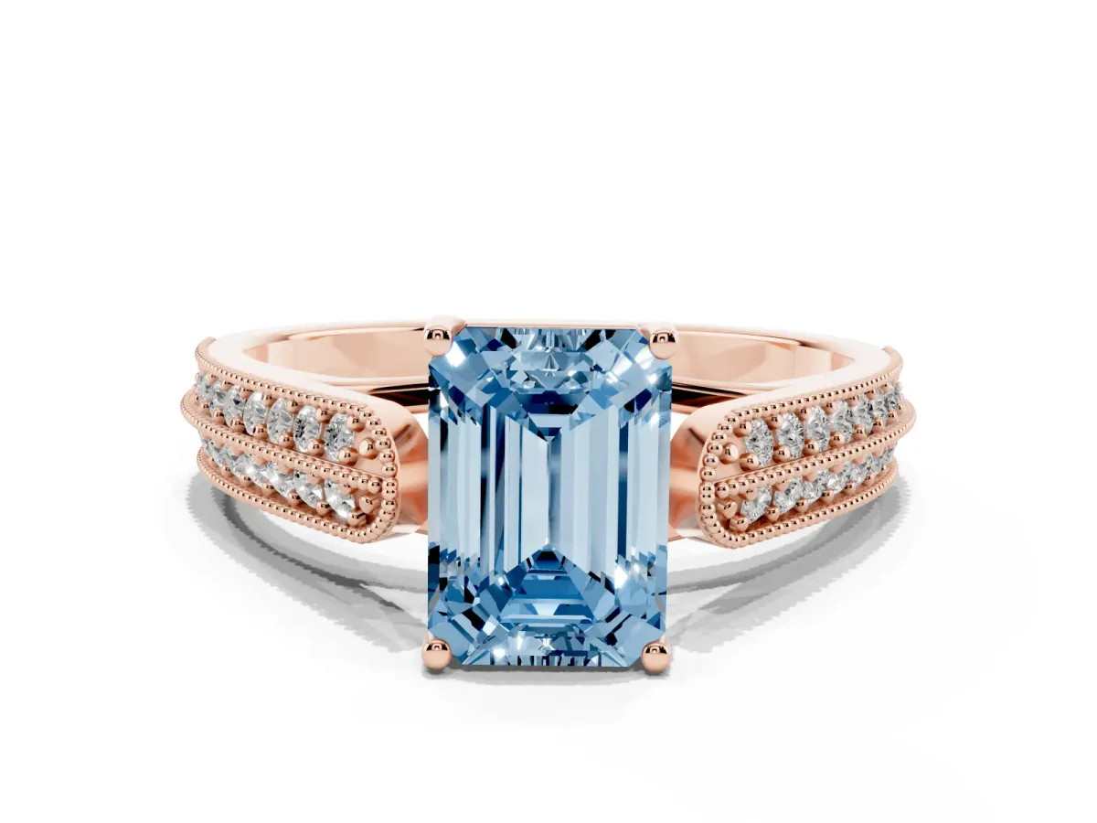 Fancy Blue Emerald Cut Cut Pave Split Shank Engagement Ring with Four-Prong Setting Rose gold