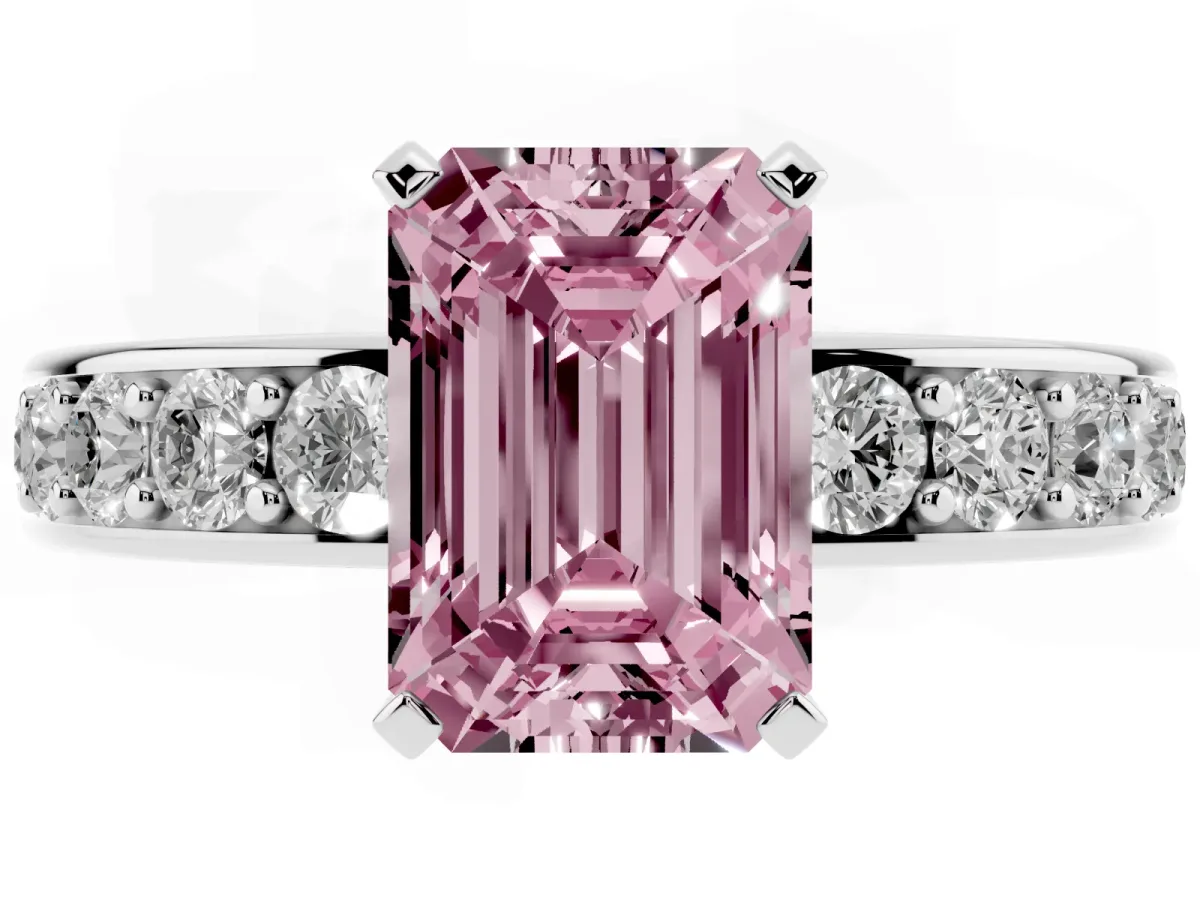 Fancy Pink Emerald Cut Diamond Engagement Ring with Channel Set Round Band and Prong Setting Platinum