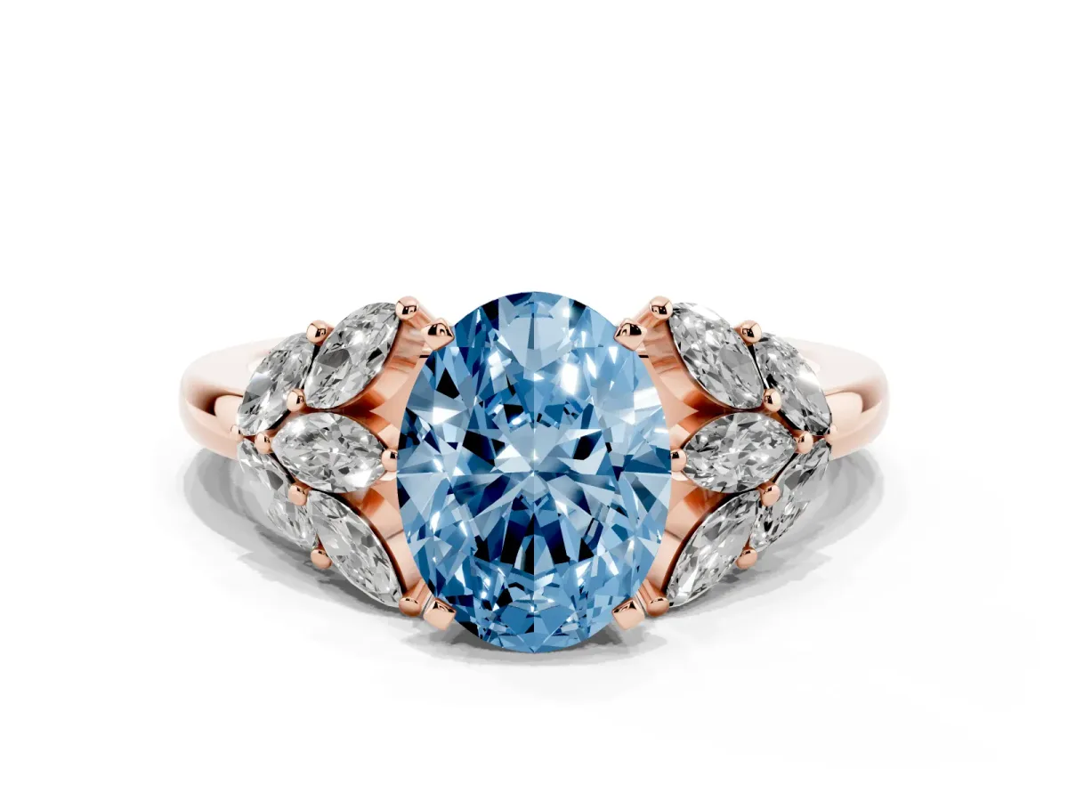 Fancy Blue Oval Cut Diamond Cluster Leaf Design Ring with Prong Setting Rose gold