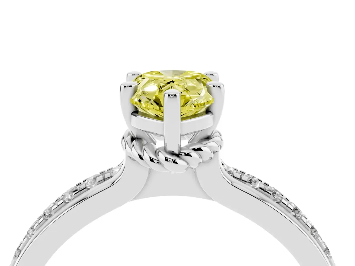 Fancy Yellow Pear Cut Solitaire Diamond Ring with Channel Set Band and Six-Prong Setting Silver