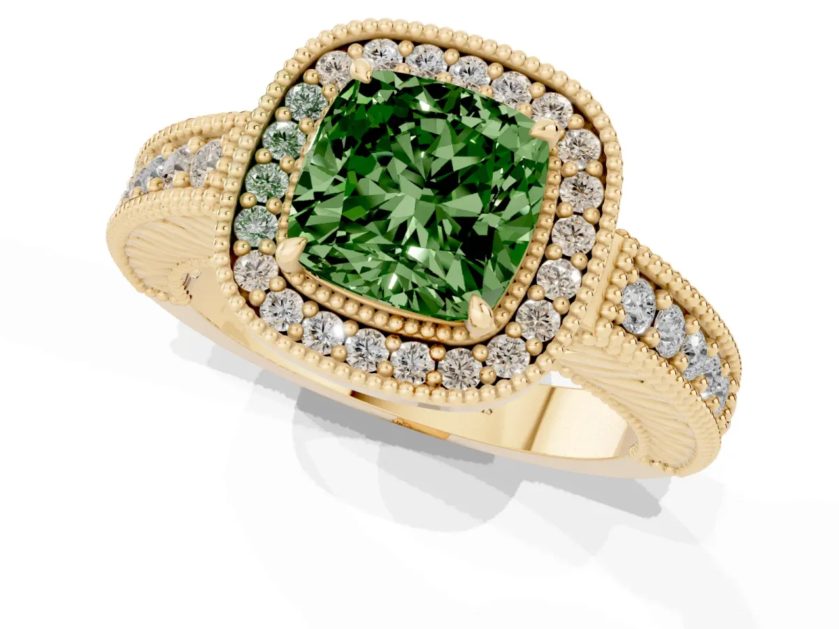 Fancy Green Cushion Cut Cut Halo Diamond Ring with Pavé Band and Four-Prong Setting Yellow gold