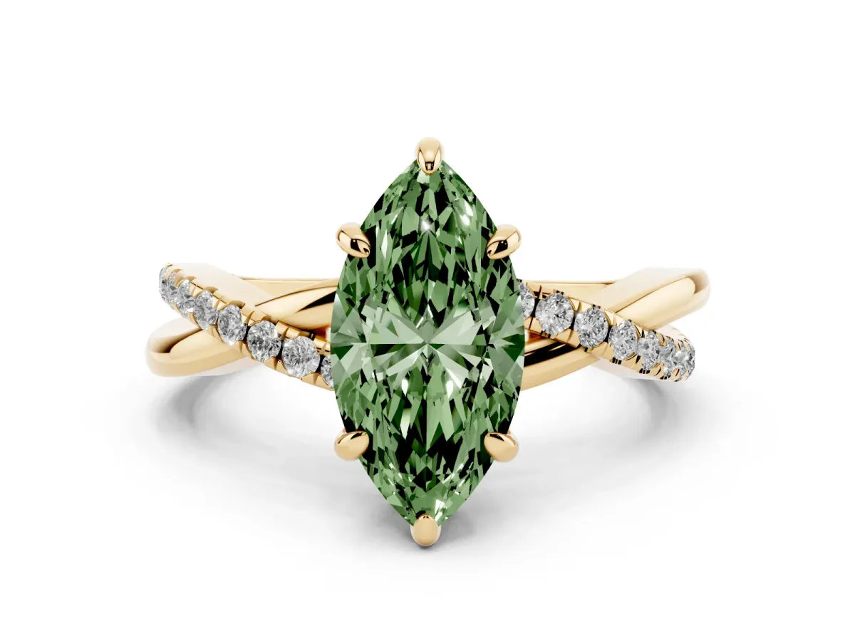 Fancy Green Marquise Cut Cut Diamond Twist Band Solitaire with Prong Setting Yellow gold