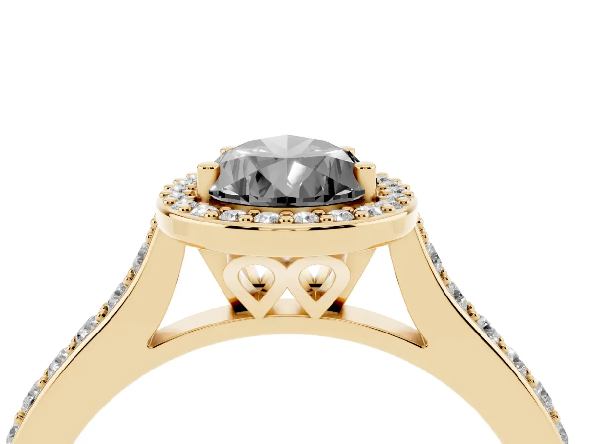 Fancy Black Pear Cut Diamond Halo Engagement Ring with Round Pavé Shoulders and Prong Setting Yellow gold
