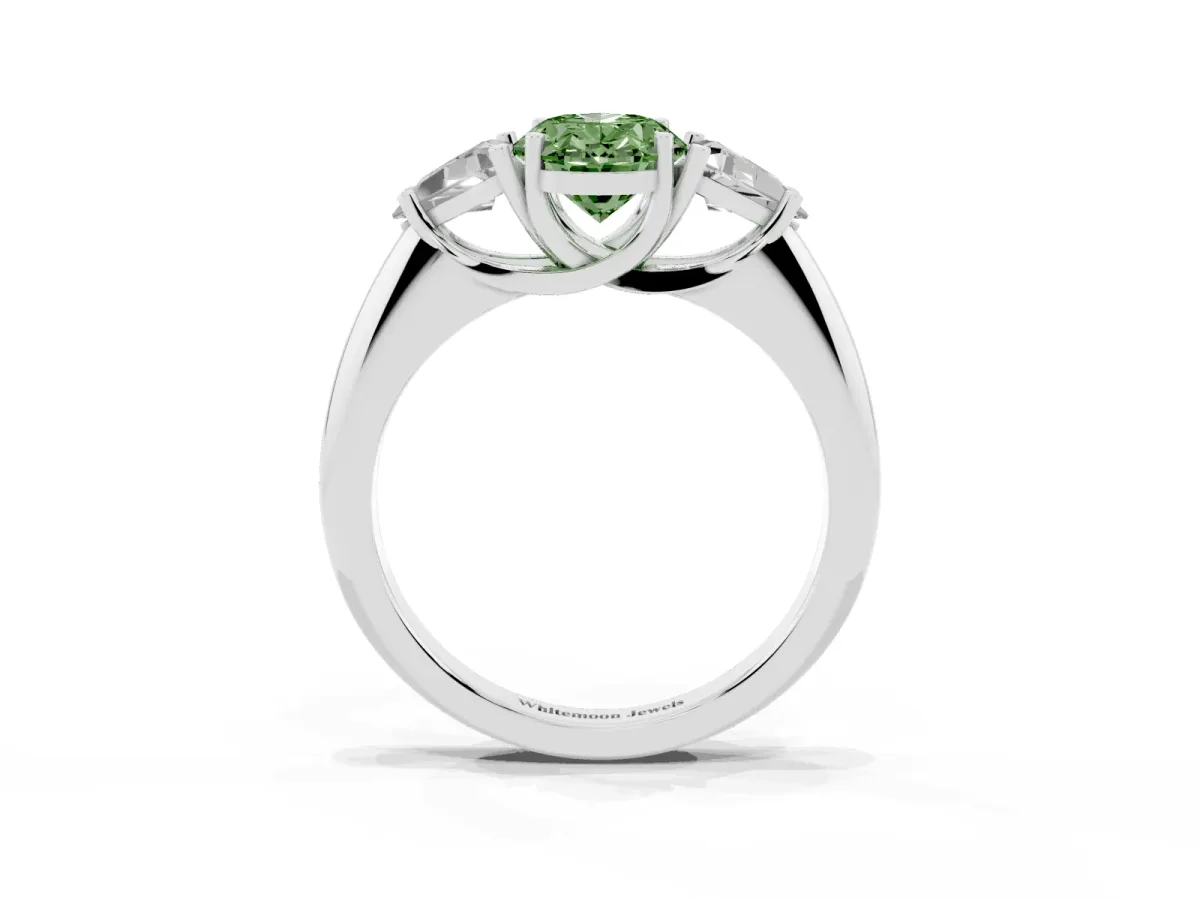 Fancy Green Three-Stone Oval Cut Diamond Engagement Ring with Trillion Side Stones and Prong Setting Silver