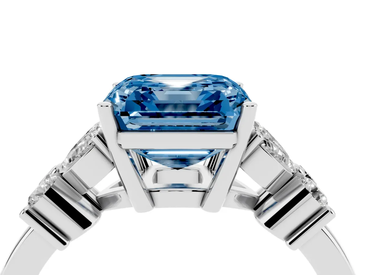 Fancy Blue Asscher Cut Diamond Floral Cluster Ring with Solitaire Band and Prong Setting Platinum