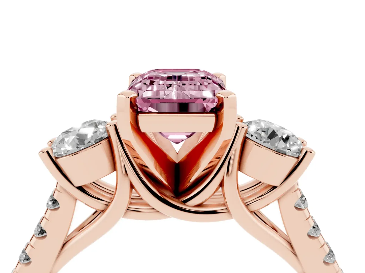 Fancy Pink Three-Stone Emerald Cut Diamond Pavé Band with Four-Prong Setting Rose gold