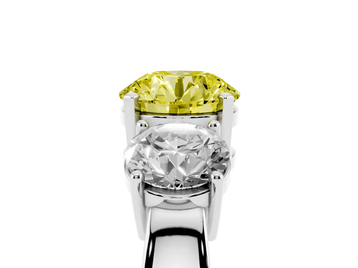 Fancy Yellow Three-Stone Round Cut Diamond Ring with Round Side Stones, Classic Band, and Four-Prong Setting White gold