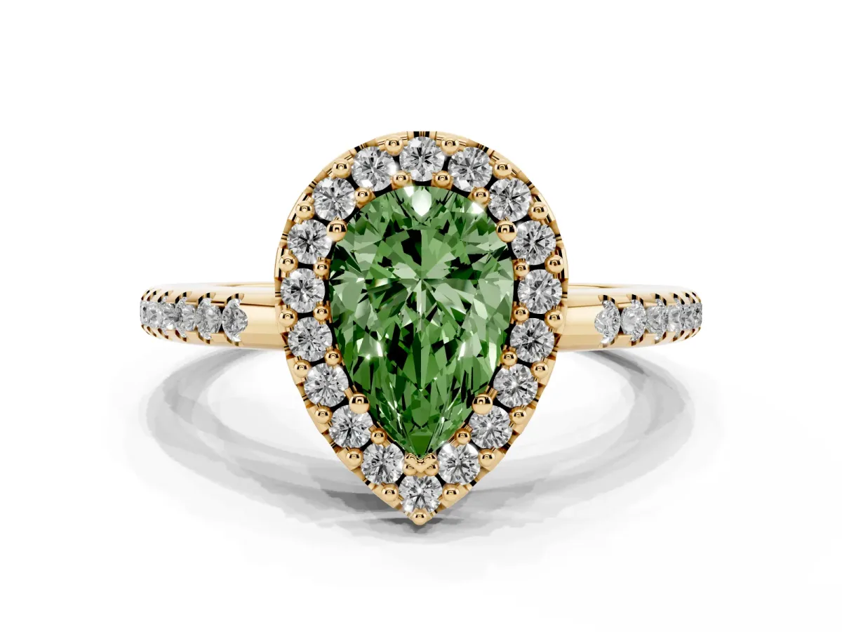 Fancy Green Pear Cut Diamond Pavé Halo Ring with Four-Prong Setting Yellow gold