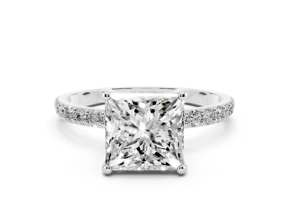 Princess Cut Diamond Solitaire Ring with Round Pavé Band and Prong Setting Silver
