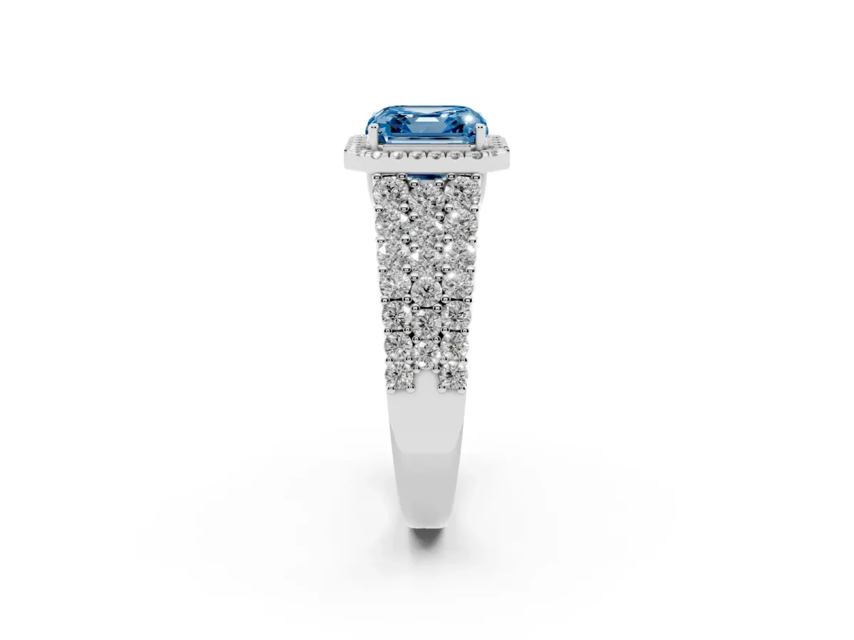 Fancy Blue Asscher Cut Diamond Halo Engagement Ring with Triple Row Round Pavé Band and Prong Setting Platinum