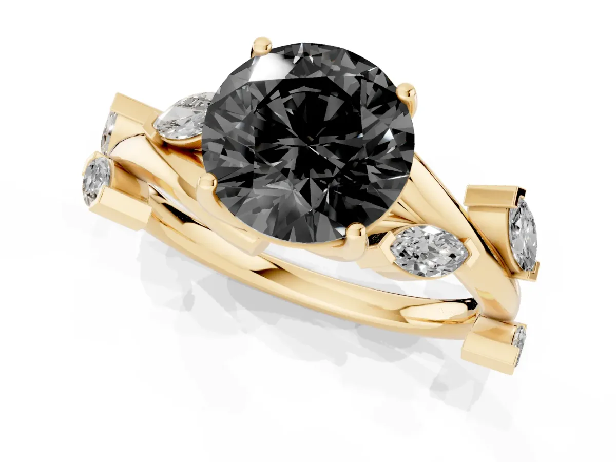 Fancy Black Round Cut Solitaire Twisted Band Marquise Accent Prong Setting Ring Yellow gold